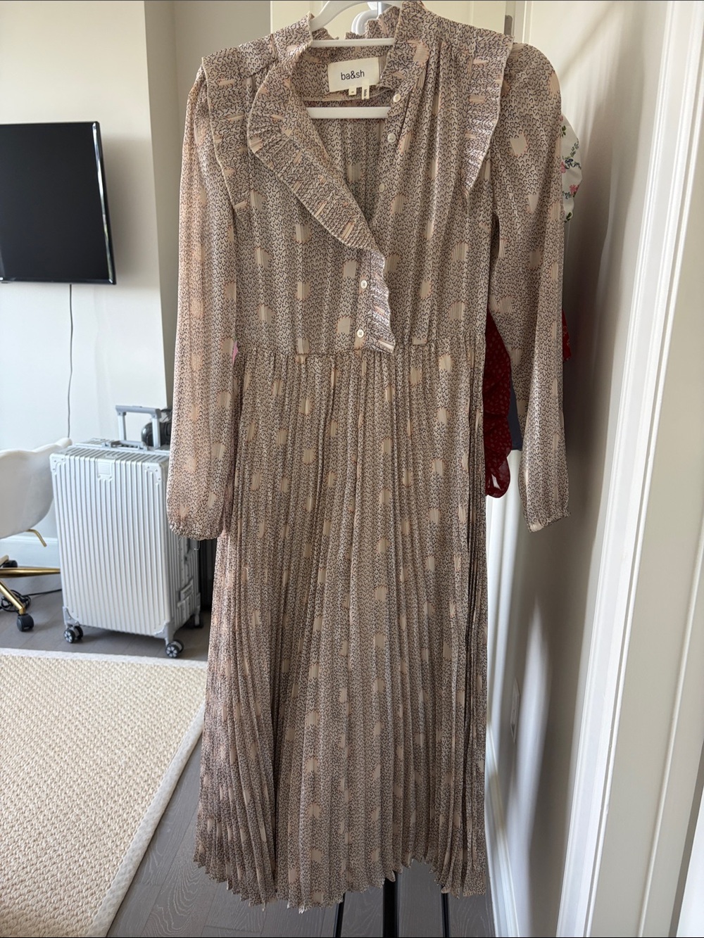 ba&sh Beige Pleated Long Sleeve Floral-Print Midi Dress